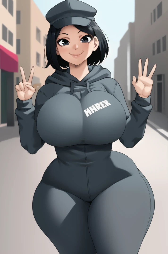 masterpiece, best quality, jay-marvel, 1girl, curvy, thick thighs, cap, black hair, short hair, smile, hoodie, grey hoodie, face focus, outdoor, blurry background, street, <lora:jay-marvel-V3:0.8>