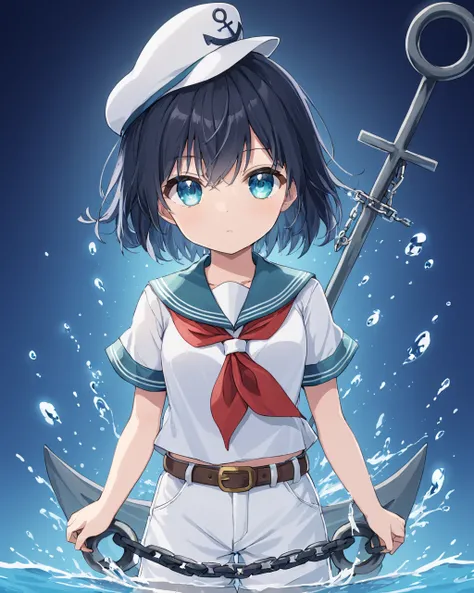 murasa minamitsu,1girl, solo, anchor, white_shorts, belt, water, sailor_hat, short_sleeves, chain, white_headwear, looking_at_viewer, white_shirt, hishaku, anchor_symbol, red_neckerchief, sailor_shirt, holding, sailor
<lora:murasa_minamitsu_image2637_2023-...