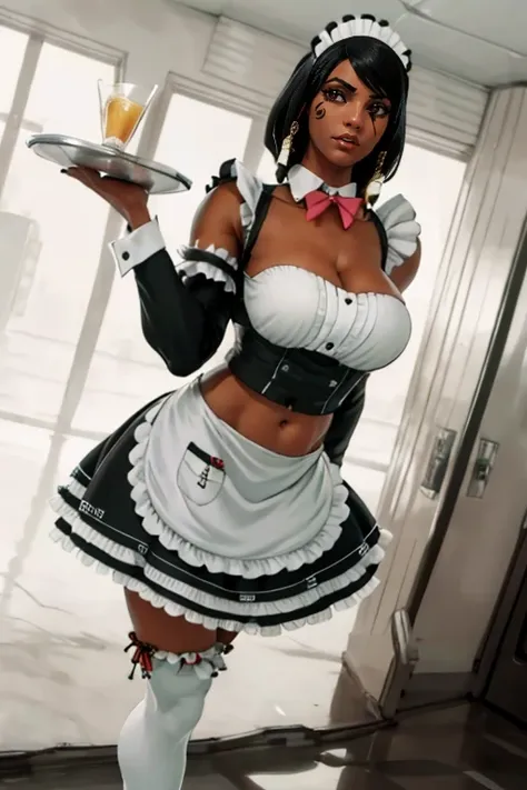 masterpiece,best quality,extreme detail,8k,image sharpness,<lora:pharah-10:1>, pharah2,1girl,solo,breasts,looking at viewer,short hair,skirt,large breasts,black hair,thighhighs,bow,navel,holding,cleavage,brown eyes,full body,braid,frills,food,alternate cos...