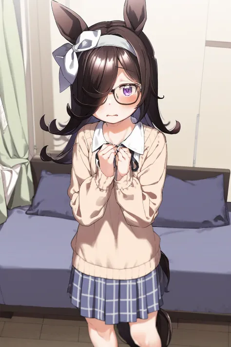 masterpiece, best quality, <lora:style21:1>,
1girl, horse ears, solo, horse tail, rice shower (umamusume), tail, animal ears, hair over one eye, horse girl, skirt, glasses, long hair, shirt, long sleeves, ribbon, purple eyes, indoors, pleated skirt, sweate...