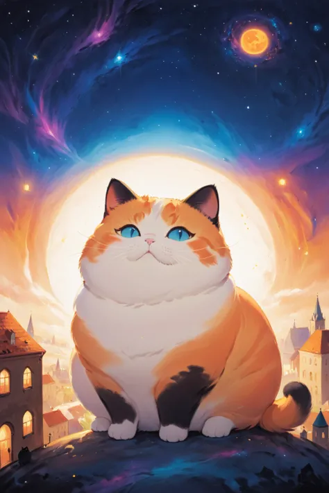 cosmic canvas, orange city background, painting of a chubby cat, <lora:Cosmic_Canvas_SDXL:1>