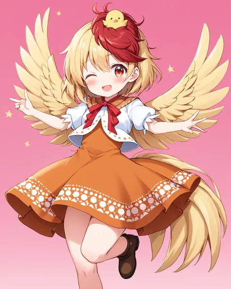 niwatari kutaka,1girl, one_eye_closed, solo, chick, smile, open_mouth, pink_sky, puffy_short_sleeves, animal_on_head, feathered_wings, looking_at_viewer, ;d, standing, white_shirt, feet_out_of_frame, boots, brown_footwear, blush, neck_ribbon, red_ribbon, o...