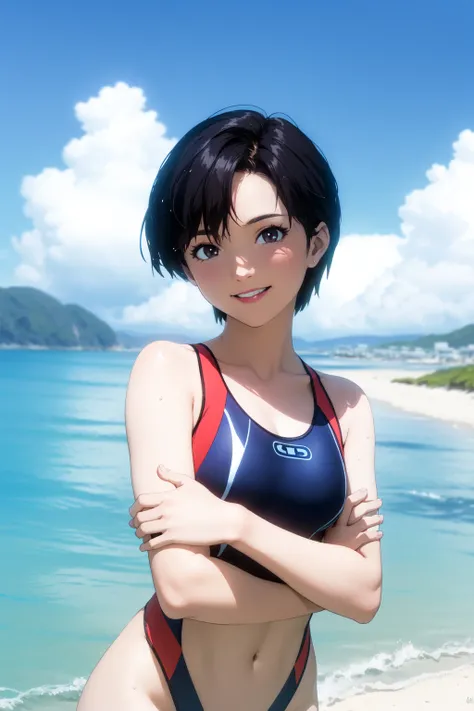 (RAW photo, best quality), 1girl,  natural lighting,
 <lora:eva_ibuki_maya_v1_2:0.8> ibuki_maya, light smile , upper body, (swimming suit), on the beach