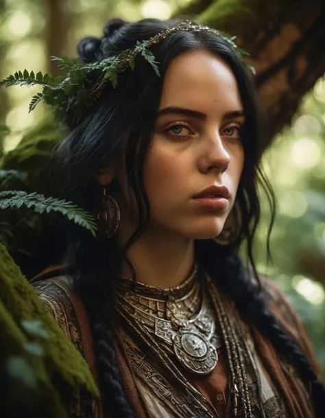 cinematic photo A closeup portait of (((ohwx woman))) an ancient druid made of bark, she live hidden in the vegetation of a forgotten forest, highly detailed painting, by Artgerm and Raphael Lacoste <lora:billie_dh128_lora_v2:1.1> . 35mm photograph, film...