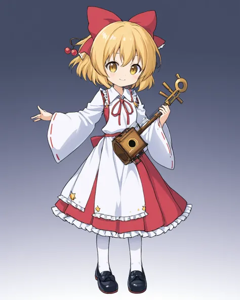 satsuki rin,1girl, solo, smile, white_background, wide_sleeves, long_sleeves, simple_background, closed_mouth, red_bow, full_body, white_shirt, hair_bow, red_skirt, holding_instrument, ribbon-trimmed_sleeves, shoes, black_footwear, bow_(music), red_ribbon,...