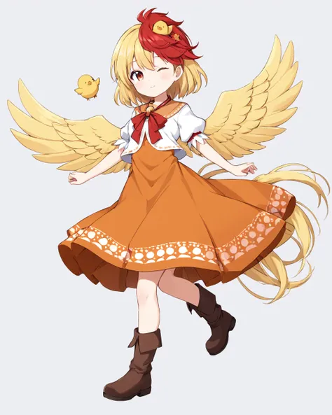 niwatari kutaka,1girl, chick, one_eye_closed, solo, bird_wings, white_background, orange_dress, simple_background, short_sleeves, bird_tail, yellow_wings, looking_at_viewer, skirt_hold, boots, tail_feathers, white_shirt, feathered_wings, brown_footwear, br...