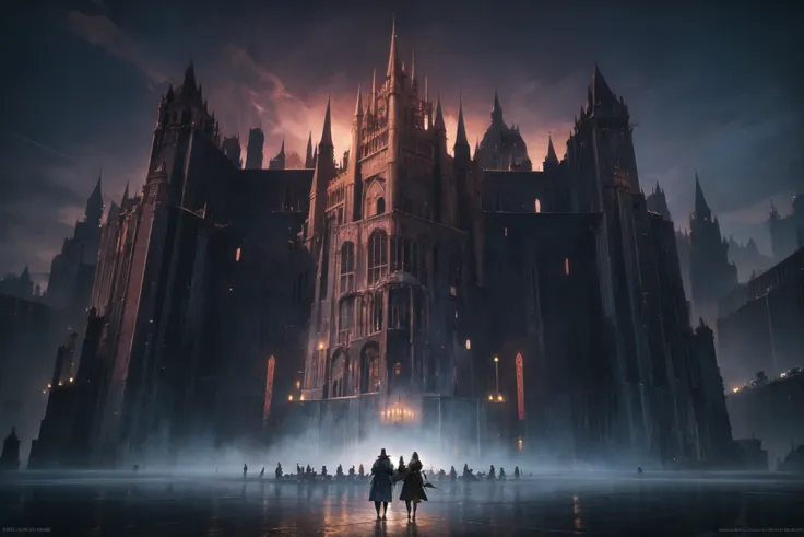 scenery, landscape, castle, medieval, fantasy, night, brutalism, gothic, moody, dark