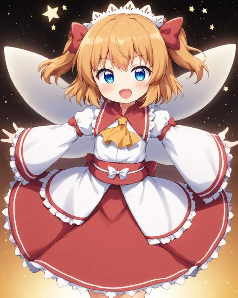 sunny milk,1girl, open_mouth, solo, fang, fairy_wings, wide_sleeves, two_side_up, headdress, yellow_ascot, blush, shirt, red_bow, danmaku, looking_at_viewer, hair_bow, red_skirt, sash, frilled_sleeves, star_(symbol), :d, fairy, v-shaped_eyebrows, juliet_sl...
