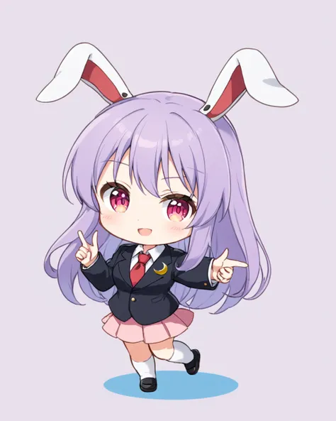 reisen udongein inaba,1girl, one_eye_closed, solo, pink_skirt, white_background, open_mouth, sample_watermark, simple_background, red_necktie, smile, chibi, blazer, full_body, watermark, looking_at_viewer, white_socks, black_jacket, white_shirt, long_sleev...