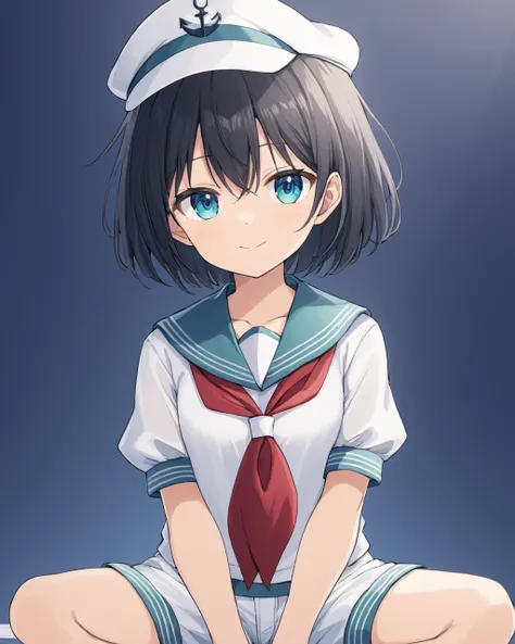 murasa minamitsu,1girl, solo, red_neckerchief, smile, white_shorts, sailor_hat, sitting, white_shirt, white_headwear, closed_mouth, anchor_symbol, puffy_short_sleeves, one-hour_drawing_challenge, sailor_shirt, looking_at_viewer, own_hands_together, hitodam...
