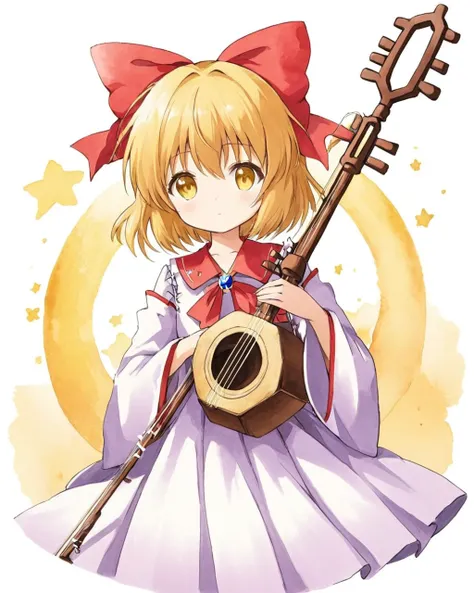 satsuki rin,1girl, solo, instrument, traditional_media, watercolor_(medium), painting_(medium), bow_(music), hair_bow, ribbon, hair_ornament, wide_sleeves, long_sleeves, skirt, red_bow, holding
<lora:satsuki_rin_image186_2023-12-11:1>,star-shaped_pupils,sy...