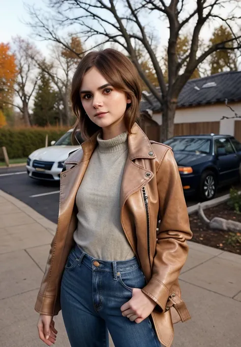 emila_jones, tall, beautiful woman, outside, park, trees, fall, winters. leather jacket, jeans, hi detail, sharp focus, perfect lighting, awesome, dslr, 4k high quality. extra detail, extra sharp, magical, perfect moment, natural skin, pores