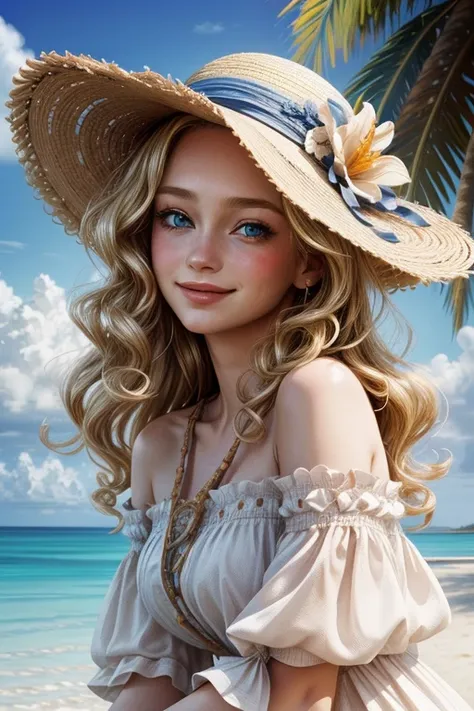 rococo style,(movie poster:1.2), soft lighting, (dramatic angle:1.25),(solo:1.4), (1girl),((blonde hair), long curly hair), blue eyes, (smile),beach straw hat, (off-shoulder shirt), hat flower ,(looking to the side:1.3), fantastic colorful, sea ,coconut tr...