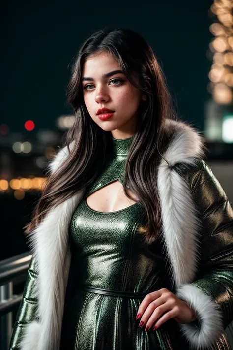 photo of (EPS4r4hBust4n1:0.99), closeup portrait, perfect hair, (modern photo, Faux fur-trimmed puffer coat in a glossy metallic finish for a statement look), 24mm, (analog, cinematic, film grain:1.3), (([hospitals, andesite stone,composite materials,green...