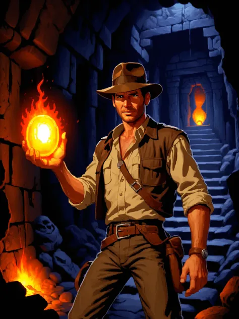 lucasarts style, indiana jones is holding a glowing oblong stone in a dark dungeon temple with a large lava molten pit <lora:lucasarts style:1>