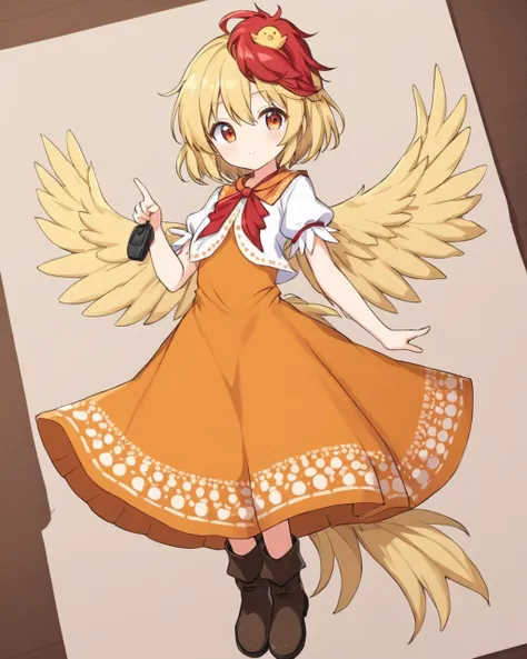 niwatari kutaka,1girl, whistle, chick, one_eye_closed, orange_dress, bird_wings, solo, yellow_wings, bird_on_head, bird_tail, white_shirt, short_sleeves, pointing, boots, one-hour_drawing_challenge, feathered_wings, tail_feathers, looking_at_viewer
<lora:n...