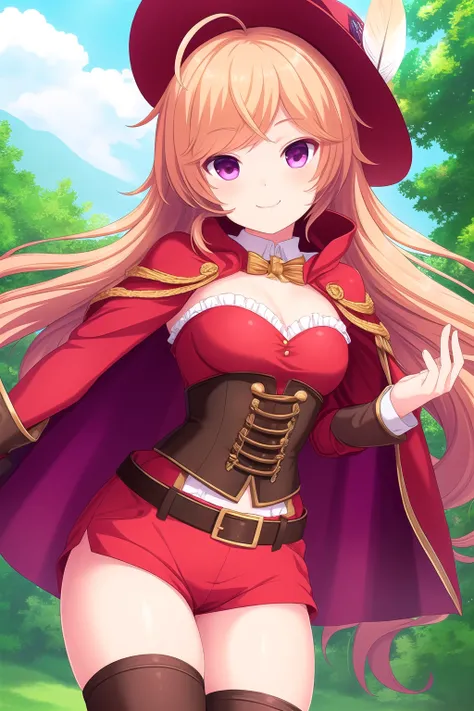 (masterpiece, best quality), highly detailed background, perfect lightingbest quality, suzukawarino, solo, outdoors, cowboy western, hat feather, orange hair, ahoge, very long hair, purple eyes, red cape, corset, belt, red shorts, smile, closed mouth, >:3,...