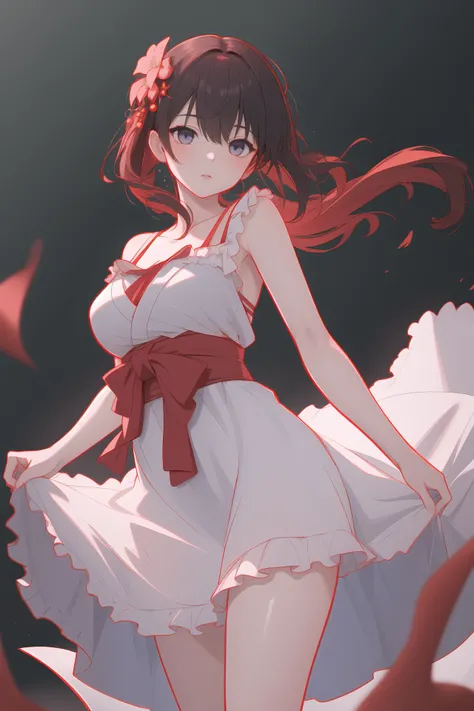 (best quality, masterpiece, highres),1girl,solo,dynamic_angle,nihongami,sundress,chiffon_skirt,looking at breasts,sony fe 35mm,
<lora:color stroke_v1.03:0.8>,red stroke,