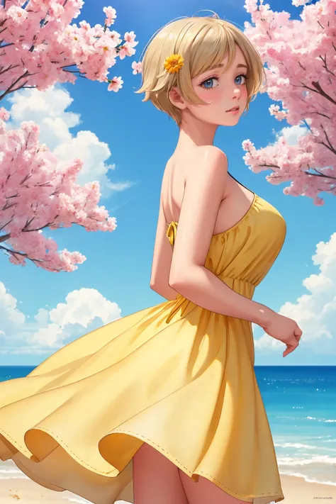 ultra detailed, sharp focus, best quality, masterpiece, <lora:NSUkraineHetalia:1> NSUkraineHetalia, short hair, 1girl, (yellow sundress), looking back, from behind, spring, sunny day, masterpiece, intricate details,