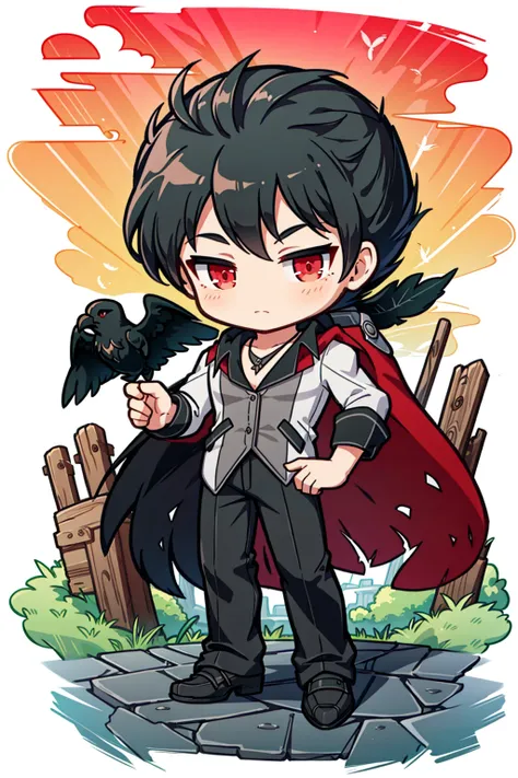 masterpiece,best quality,extremely detailed,(solo), mature male, <lora:RWBYQrow-05:1>,strqrow,(qrow branwen), red eyes, black hair, red cape, shirt, vest, pants, stubble, full body, outdoors, shoes, feathers, <lora:maplestory20:0.8>, (chibi), crow