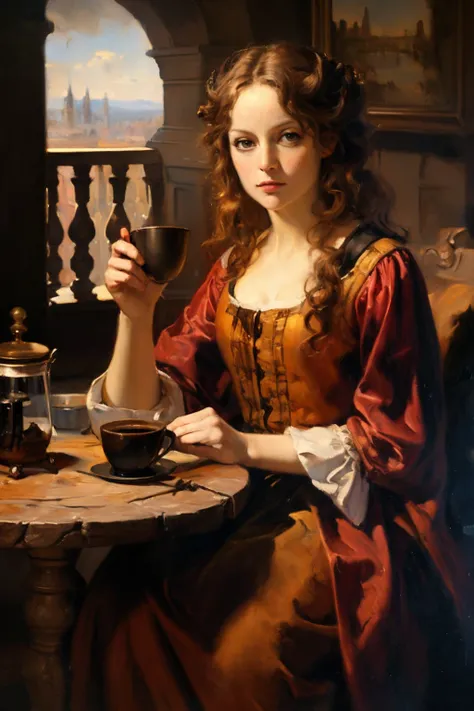 1girl,Balcony,Coffee Table,Coffee,bichu,oil painting,masterpiece,best quality,HDR.UHD.4K,8K,64K, <lora:Classical oil painting-022 (1):0.5>