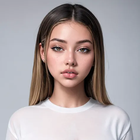 masterpiece, best quality, young woman ohwxmc, in white shirt, portrait, looking at viewer, simple background <lora:Madelyn Cline:1>