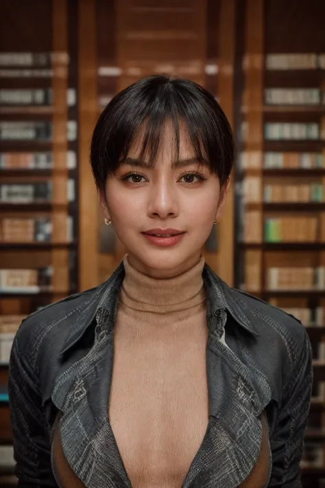 solo, realistic, (1girl), (asian) (woman), white skin, milky skin, (((Black Shag Haircut Hairstyle))), (((Fearful, Wide-open eyes, a furrowed brow, and a slightly open mouth.))), ((((Plaid_trench_coat:1.5),(Vintage_turtleneck:1.4),(Wide-leg_jeans:1.3),(Boo...