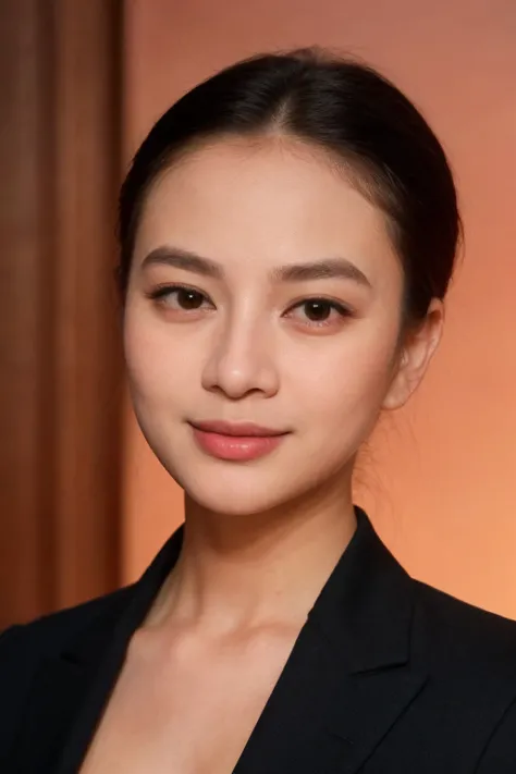 solo, realistic, (1girl), (asian) (woman), white skin, milky skin, (((Black Shag Haircut Hairstyle))), (((Teasing, A playful smirk, a raised eyebrow, and a hint of dominance.))), ((((Structured_blazer:1.4),(Cropped_trousers:1.3),(Pointed-toe_flats:1.2),(Bu...