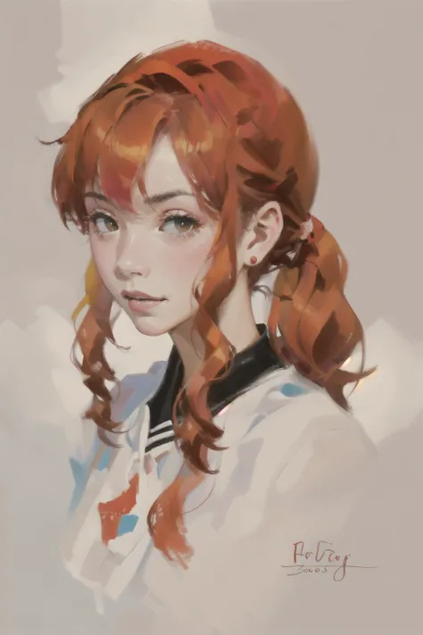 <lora:Cute_paint-000003:.8>
a painting of a woman with red hair and a ponytail with a white shirt on,  a digital painting, impressionism