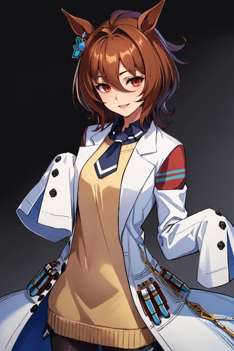 (masterpiece, best quality:1.2), solo, 1girl, agnes tachyon, smile, looking at viewer, horse ears, labcoat, sleeves past wrists, sleeves past fingers, sweater, necktie, pantyhose, single earring <lora:umamusume_agnestachyon:1>