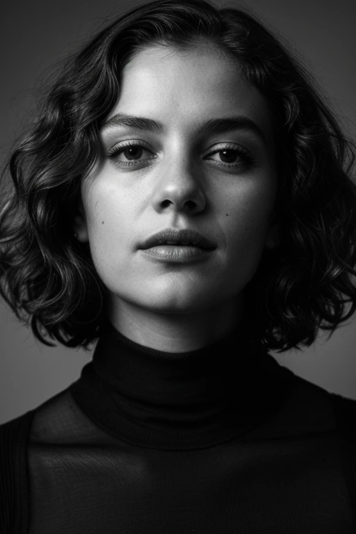 PA7_Photo-BW,  PA7_Human-Likeness, photomodel, bob hair, curly hair, black turtleneck sweater, grey  background
PA7_Portrait-MS