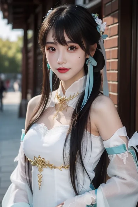 ltra-detailed,highly detailed,best quality,masterpiece,illustration,realistic,photorealistic,
suwen, 1girl, solo, cosplay, mole, 
hanfu,chinese clothes, necklace,  bare shoulders, white dress, detached sleeves, long sleeves, detached collar, 
hair ornament...