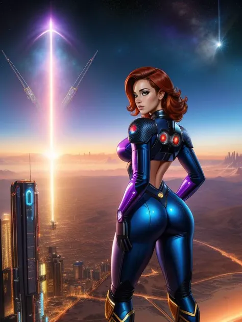 Sexy Alien Pinup Girls in Space, Movie Poster,
2 women, Kate_McFey,Gina_Fitz,
__bo/chars/char-scifi/female/classic__, futuristic landscapes, futuristic cityscape,energy shields protecting key city structures