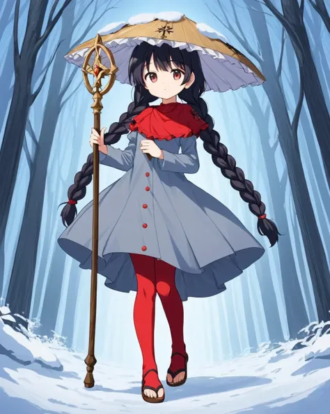 yatadera narumi,1girl, solo, ajirogasa, twin_braids, snow, long_sleeves, looking_at_viewer, holding, red_capelet, sandals, grey_dress, staff, forest, buttons, full_body, bare_tree, red_socks, dutch_angle
<lora:yatadera_narumi_image528_2023-12-20:1>,star-sh...