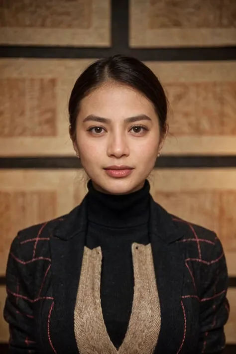 solo, realistic, (1girl), (asian) (woman), white skin, milky skin, (((Black Shag Haircut Hairstyle))), (((Passionate, A heated look, a flushed face, and a quickened breath.))), ((((Plaid_blazer:1.4),(Turtleneck_sweater:1.3),(Cropped_trousers:1.2),(Modern_a...