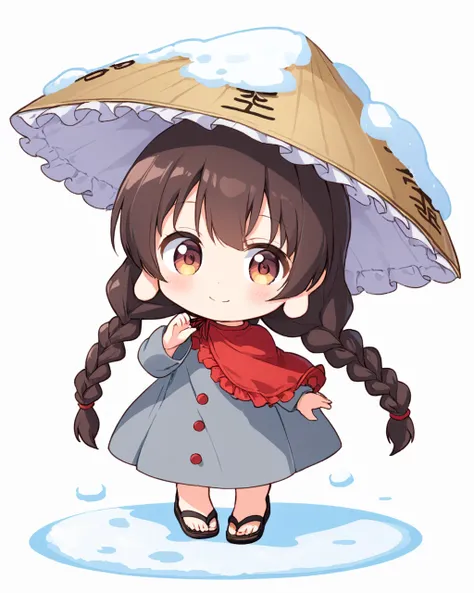 yatadera narumi,1girl, ajirogasa, solo, twin_braids, white_background, simple_background, long_sleeves, red_capelet, long_earlobes, grey_dress, smile, standing, chibi, buttons, sandals, brown_headwear, full_body, looking_at_viewer, snow, closed_mouth, clot...