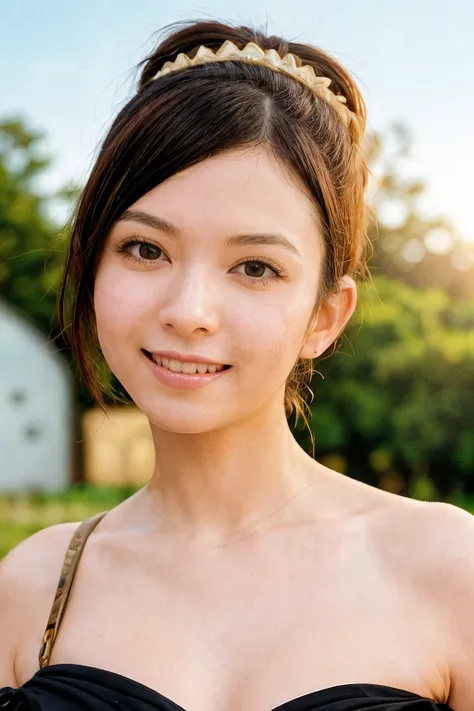analog film photo solo, realistic, (1girl), (asian) (woman), white skin, milky skin, (((Happy, wide smile with raised cheeks and crows feet around the eyes.))), (((black hair, Butterfly Hairstyle))), (((off-the-shoulder bodycon dress with a ruched detail ...