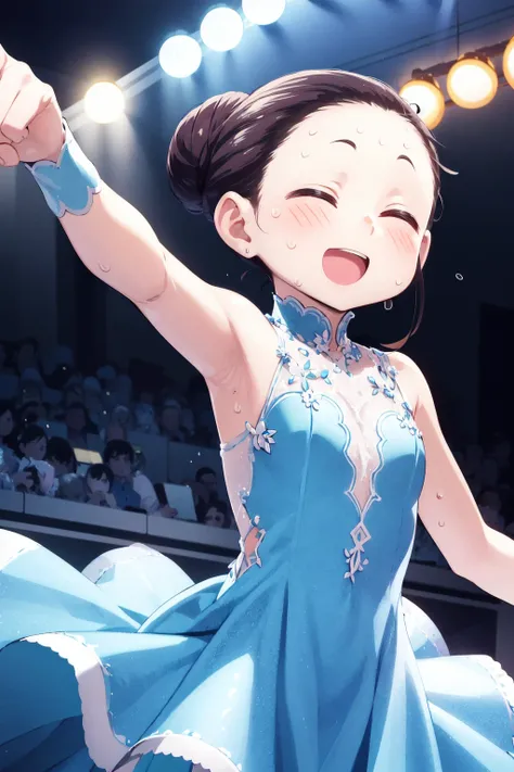 <lora:0 SJPwatari:1>,sjpwatari,dancing,jump,dress,evil smile,half closed eyes,blush,sweat,single bun,forehead,