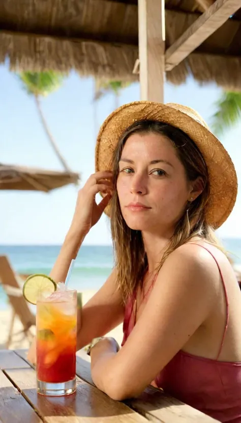 photograph of a woman relaxing at a beach cocktail bar, <lora:9C80E90E7D:1> imperfect  beautiful face