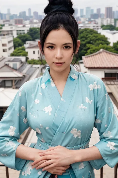 analog film photo solo, realistic, (1girl), (asian) (woman), white skin, milky skin, (((Sleepy, Drooping eyelids, half-closed eyes, and a slightly dazed expression.))), (((black hair, Space Buns Hairstyle))), (((Japanese Red Kimono))), (((balcony, sweeping...