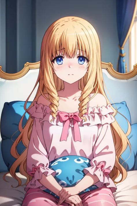 best quality, masterpiece, detailed,
<lora:AmagiBrilliantPark_LatifaFleuranza:0.7>, LatifaFleuranza,
solo, blush,
blonde hair, blue eyes, very long hair,
LatifaPajama, pajamas, pink pants,
sitting, looking at the viewer, full body,
indoors, bed, pillow
