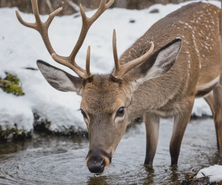 POV from a bush, Wildlife Photography, Professional Photography, A deer taking a drink from a creek in the woods, snow falling, detailed eyes, detailed antlers, detailed ears, detailed fur,