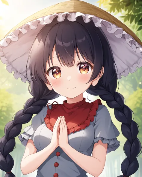 yatadera narumi,1girl, solo, twin_braids, grey_dress, own_hands_together, smile, buttons, cleavage, looking_at_viewer, blush, closed_mouth, red_capelet, ajirogasa, long_earlobes, white_dress, medium_breasts, outdoors, blurry_background, frills
<lora:yatade...
