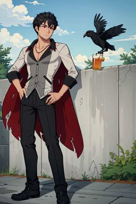 masterpiece,best quality,extremely detailed,(solo), mature male, <lora:RWBYQrow-05:0.8>,strqrow,(qrow branwen), red eyes, black hair,cape, shirt, vest, pants, stubble, full body, outdoors, shoes, feathers,crow, drinking alcohol,