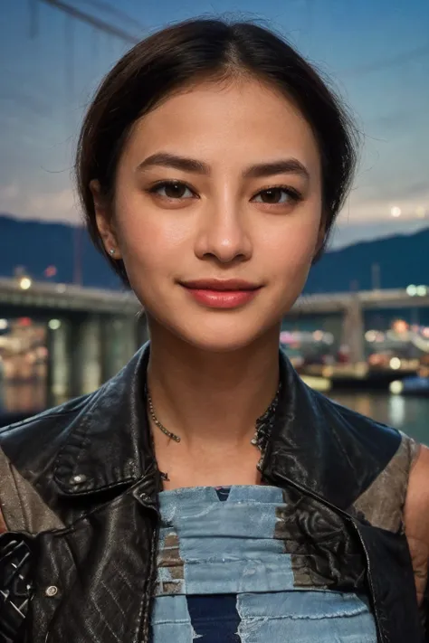 solo, realistic, (1girl), (asian) (woman), white skin, milky skin, (((Black Shag Haircut Hairstyle))), (((Guilty, Downcast eyes, slumped shoulders, and a slightly ashamed expression.))), ((((Leather_jacket_with_patchwork:1.4),(Skinny_ripped_jeans:1.3),(Mot...