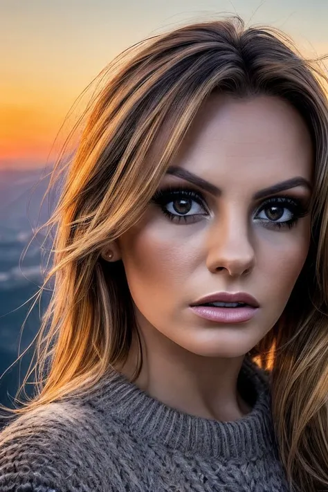 headshot of S275_AlexandraStan,a gorgeous woman,on a (mountain:1.1),wearing a (sweater:1.1),(sunset),(4k, RAW photo, best quality, depth of field, ultra high res:1.1),(absurdres, intricate, photorealistic, masterpiece, ultra-detailed:1.1),