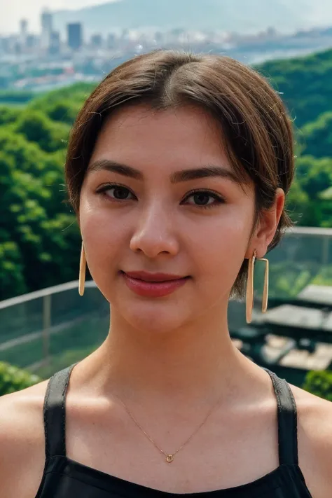 solo, realistic, (1girl), (asian) (woman), white skin, milky skin, (((Black Shag Haircut Hairstyle))), (((Flirty, A playful smile, arched eyebrows, and a slightly tilted head.))), ((((Silk_cami_top:1.5),(Flowy_maxi_skirt:1.4),(Statement_earrings:1.3),(Roof...