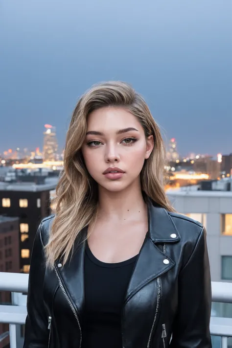 masterpiece, best quality, young woman ohwxmc, (front facing:1.2) rooftop apartment view, ring light, RAW format high quality photograph, wearing a leather jacket, <lora:Madelyn Cline:1>