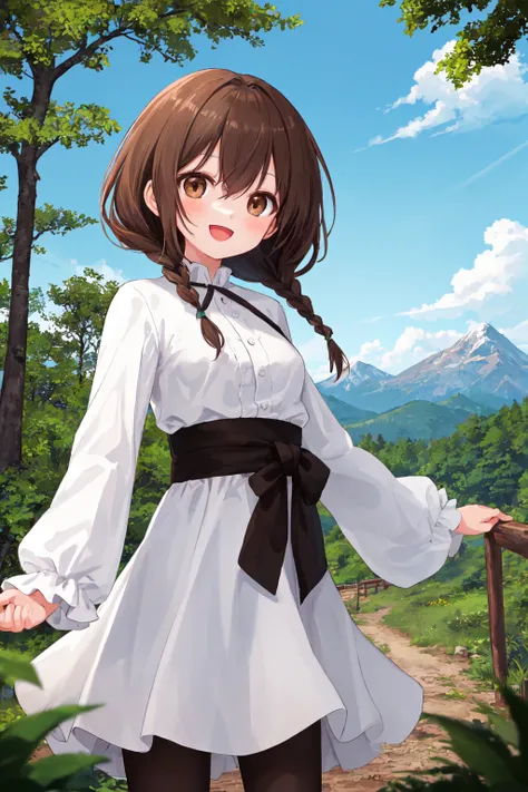 best quality, amazing intricate, cute girl, dark brown eyes, happy, :d, small breasts,
dark brown hair, twin braids, white dress,
from front, cowboy shot, standing,
in the forest, mountain in the distance, sky