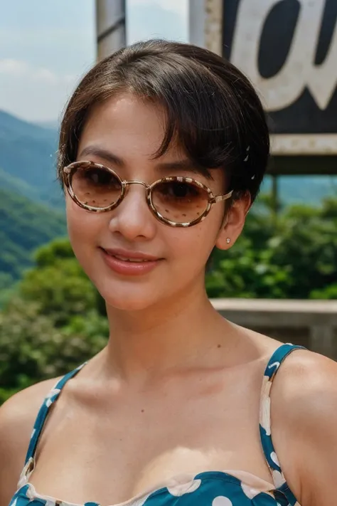 solo, realistic, (1girl), (asian) (woman), white skin, milky skin, (((Black Shag Haircut Hairstyle))), (((Confident, Eyes that meet the viewer directly, a slight smile, and a relaxed posture.))), ((((Retro_polka_dot_dress:1.4),(Vintage_sunglasses:1.3),(Blo...